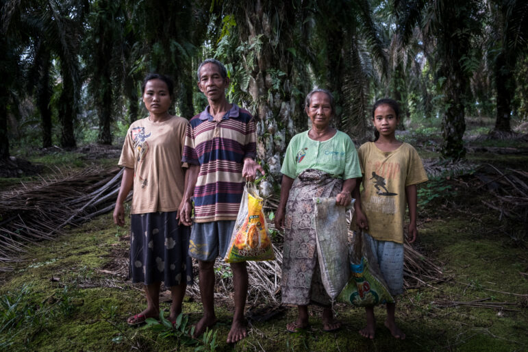 Ridah, Cilin, Siti Maninah and Yenita, members of the Suku Anak Dalam, in a plantation in South Sumatra. Image by Nopri Ismi.