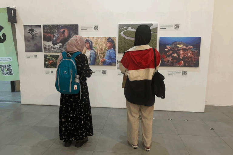 Two people standing and looking at an exhibtion.