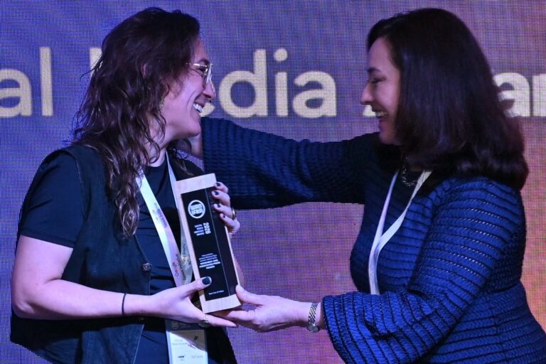 Image provided by Erik Hoffner via WAN-IFRA. Monica Wise Robles accepting the WAN-IFRA award in the "Best Use of Video" category.