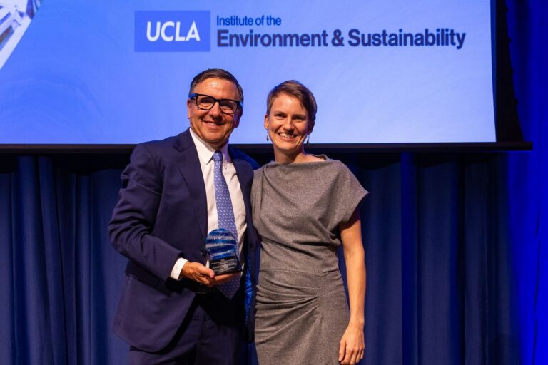 Founder and chair Tony Pritzker, left, presented Zuzana Burivalova the 10th annual Pritzker Emerging Environmental Genius Award. Image courtesy of UCLA.