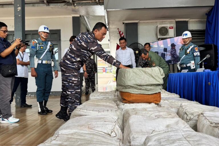 Lanal Banten (Banten Navy Base) displays hundreds of kilograms of pangolin scales seized from a Vietnamese-flagged vessel. Image courtesy of Lanal Banten.